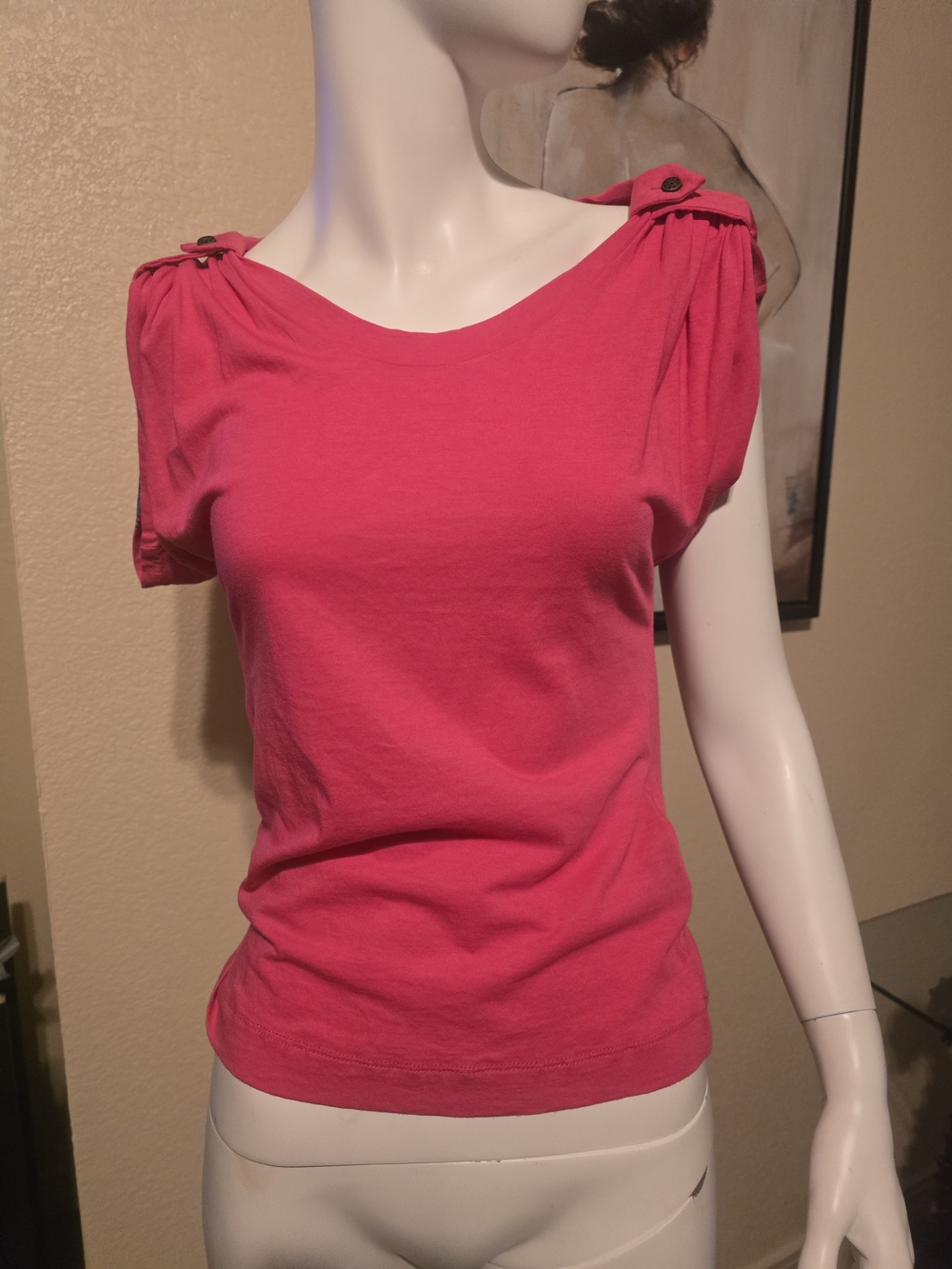 Just Cavalli Bright Pink Button-Shoulder Short Sleeve Top Sz S